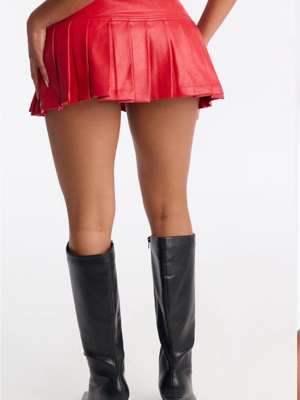 Fashion Nova Red Pleated Faux Leather Mini Skirt with Studded Belt - Picture 9 of 10